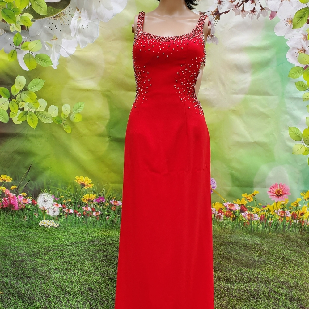 Cassandra stone red rhinestone bead prom pageant dress